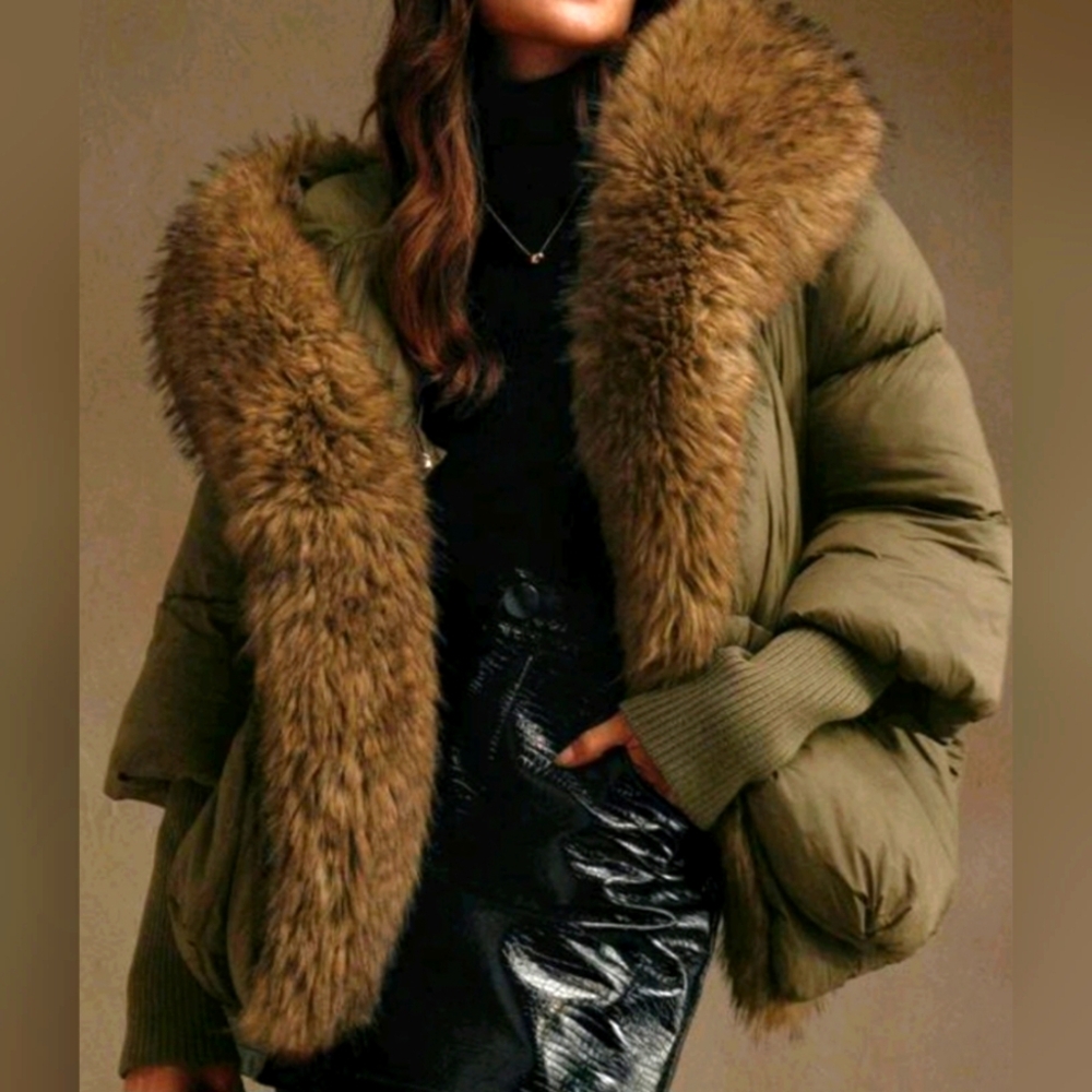 NWOT Olive Green Faux Fur Trim Puffer Coat